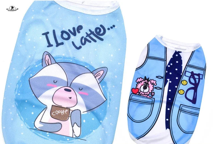 Cute blue cartoon puppy dog vest shirts for small dogs, breathable summer pet clothes for Chihuahuas and Yorkies.