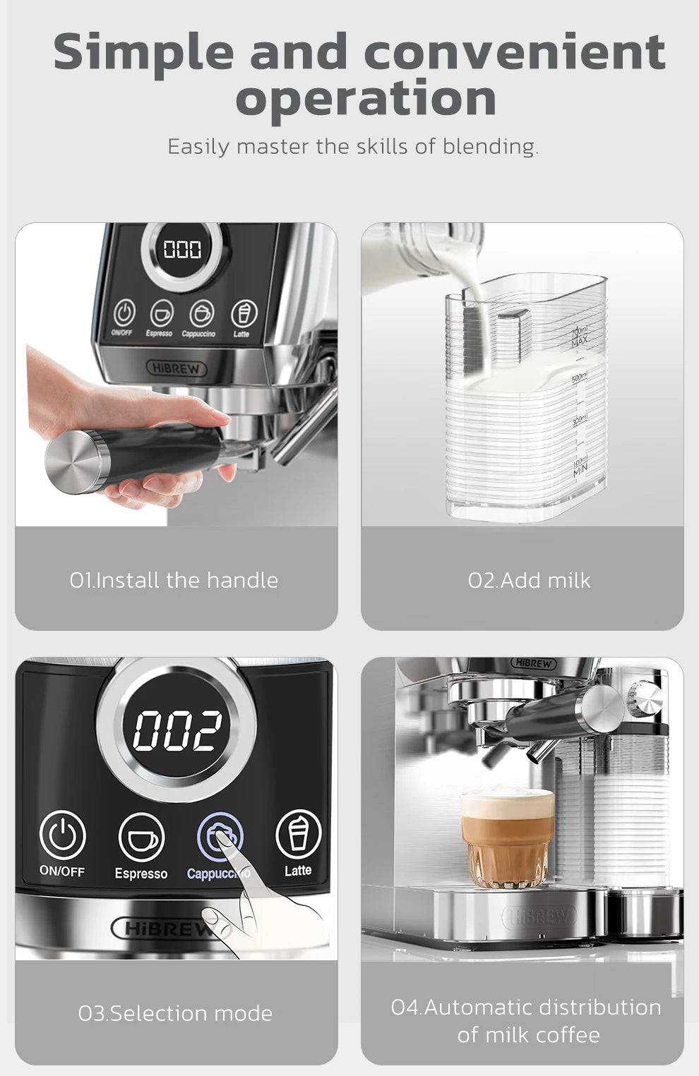 HiBrew espresso machine with milk tank and digital display showing step-by-step operation guide for making lattes.