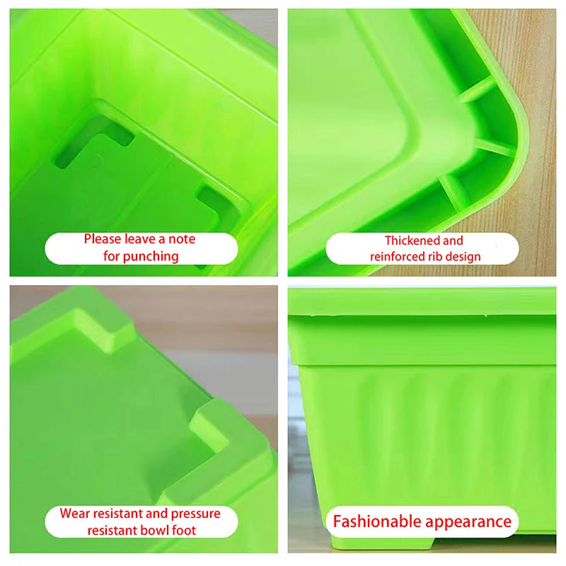 Close-up of bright green rectangular plastic planter base and reinforced corner ribs