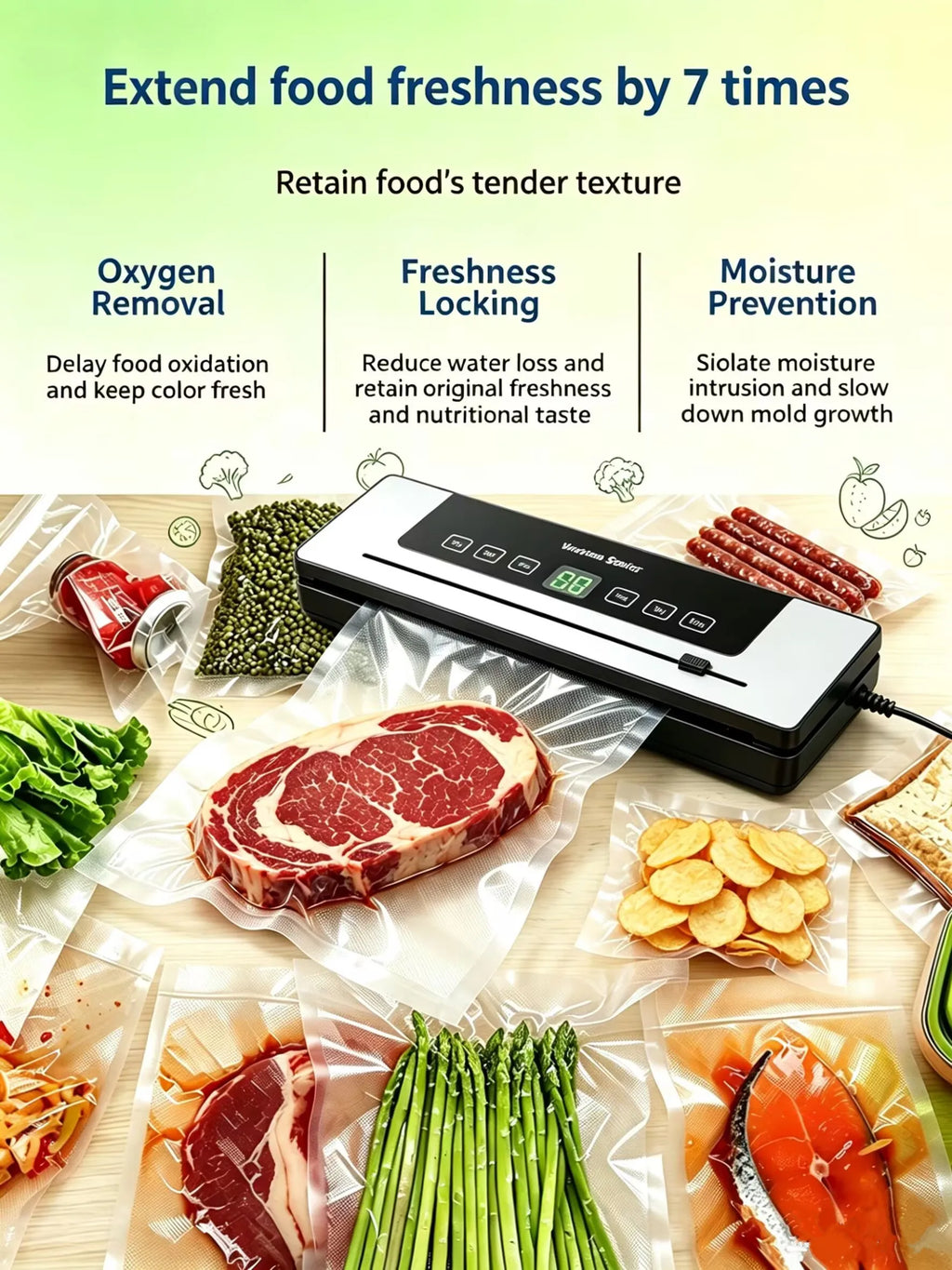Electric Vacuum Sealing Machine Food Storage Sealing Touch Dry/Wet Built-in Cutter Kitchen Food Sealing Vacuum Packaging Machine