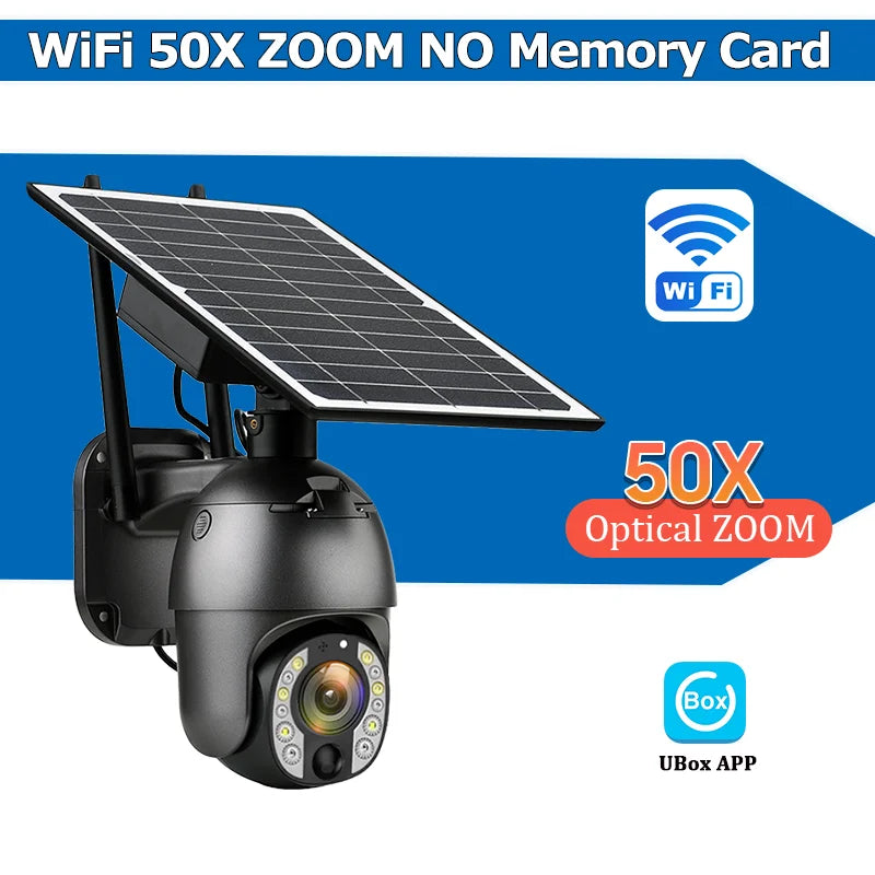 Black solar WiFi PTZ security camera with 50x optical zoom, no memory card included