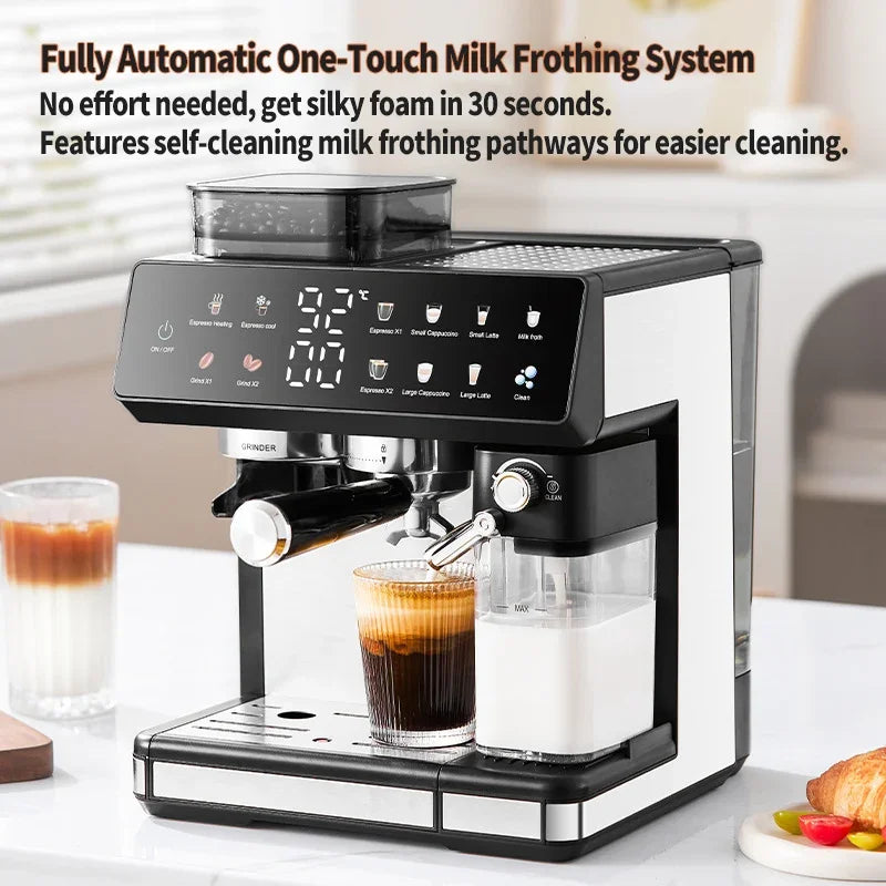 Black and white automatic espresso machine with built-in grinder and one-touch milk frother on a kitchen counter.