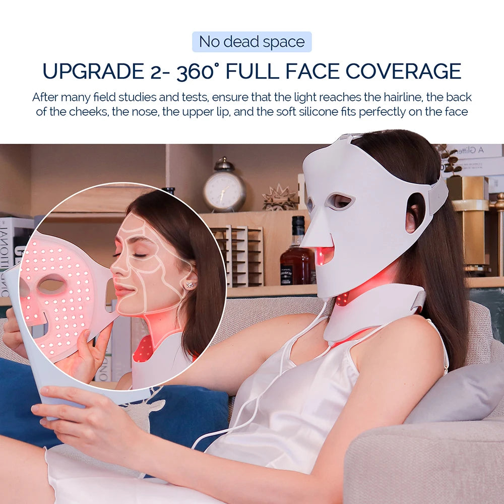 Flexible white silicone LED light therapy mask and neck piece for facial skincare, worn while sitting.