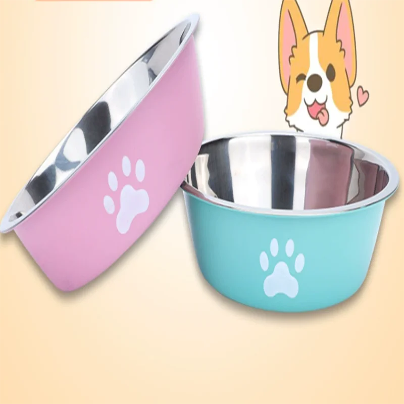 Anti-slip stainless steel dog and cat bowls in pink and blue with paw prints for durable, rust-proof pet feeding.
