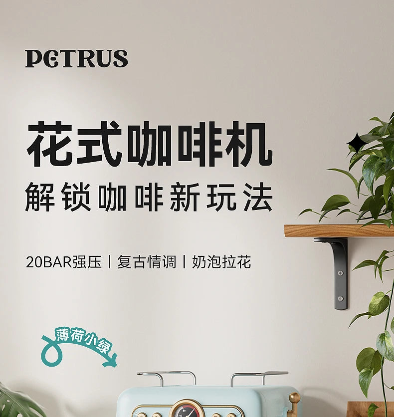 Petrus mint green vintage-style 20-bar espresso coffee machine with pressure gauge for latte art and home brewing.