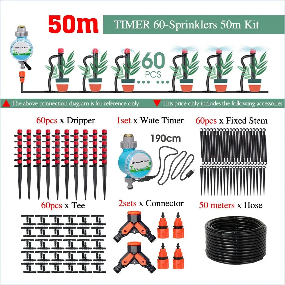 50-5M Automatic Garden Irrigation System Adjustable 13cm Sprinkler Smart Timer Greenhouse Yard Watering Kit Strong Flux