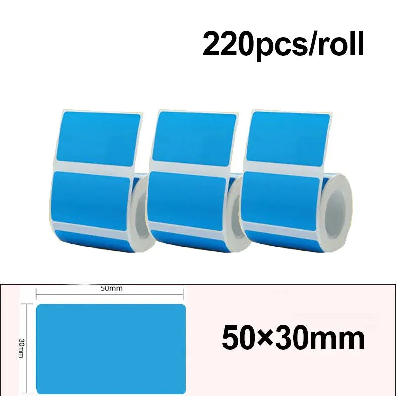 Blue thermal label sticker roll, 50x30mm labels, 220 pcs/roll