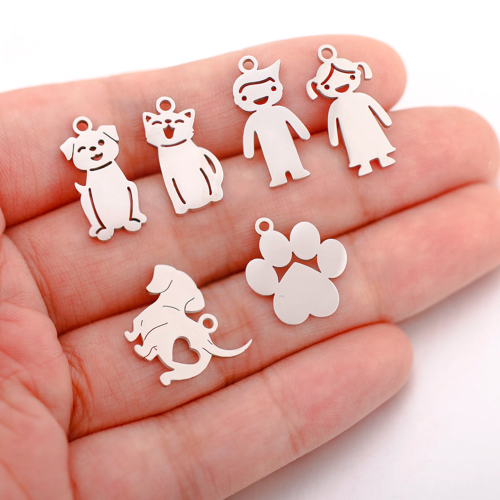 5 stainless steel pet and family charms for DIY jewelry, including dog, cat, and paw print pendants for custom crafts.