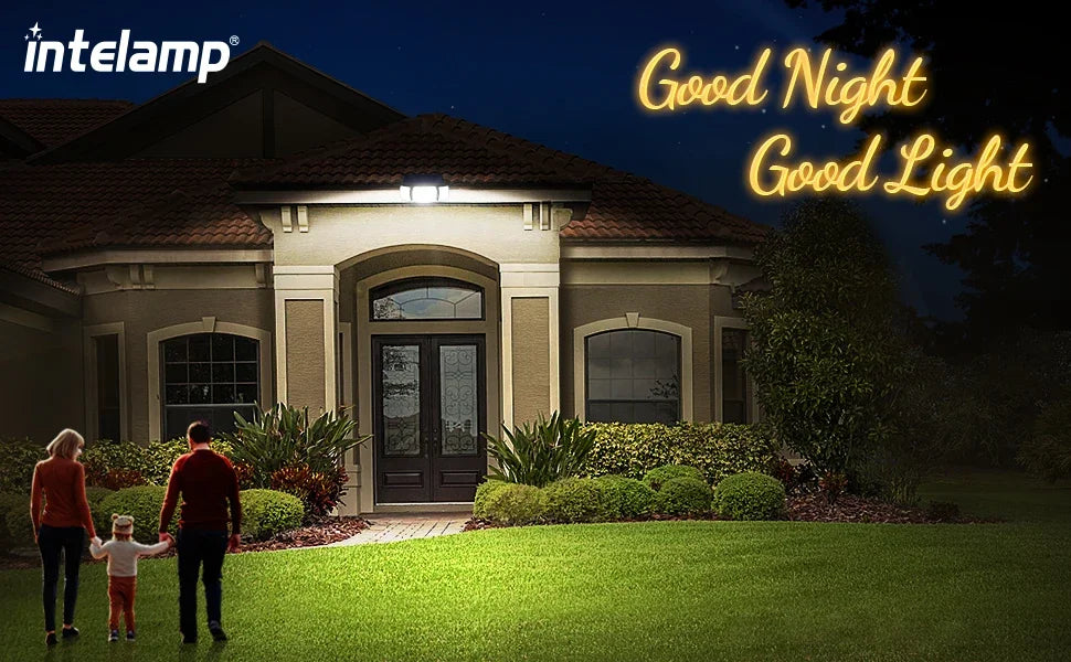 Intelamp Outdoor Solar Lights 4000mAh Battery With Two Motion Sensor 1200LM Bright IP65 Wall Lamp For Garden Yard Path Garage
