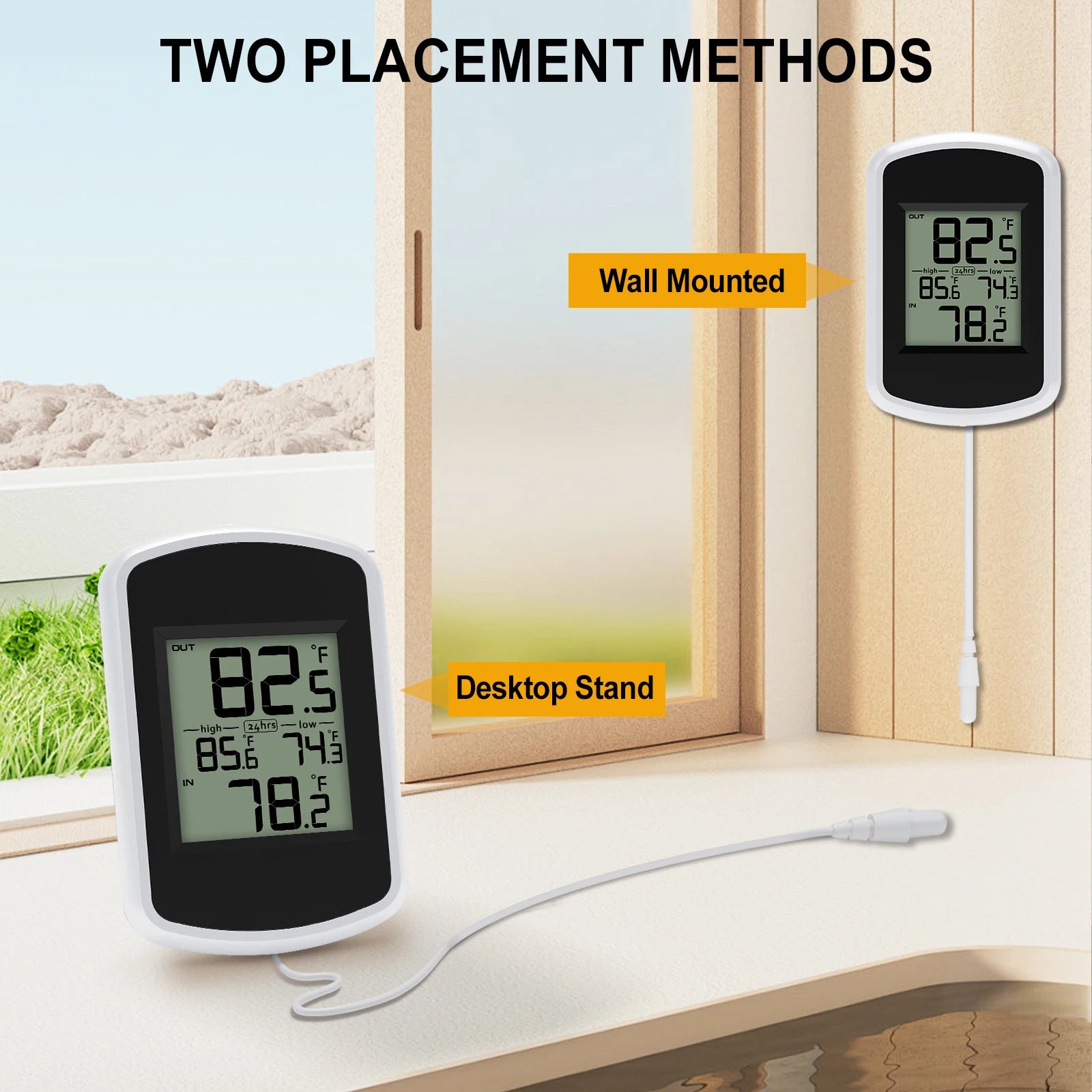 Wired Digital Thermometer Waterproof Indoor Outdoor Temperature Monitor with Min/Max Record 2m Line Probe Sensor for Home Room