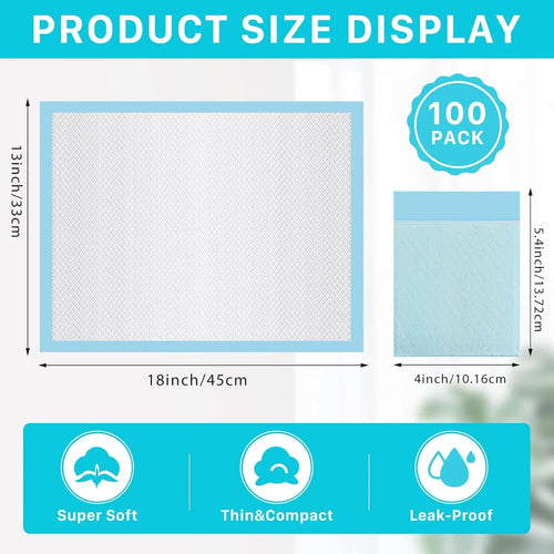 100-pack baby care changing pads, 13x18 inches, soft, thin, and leak-proof disposable hygiene liners.