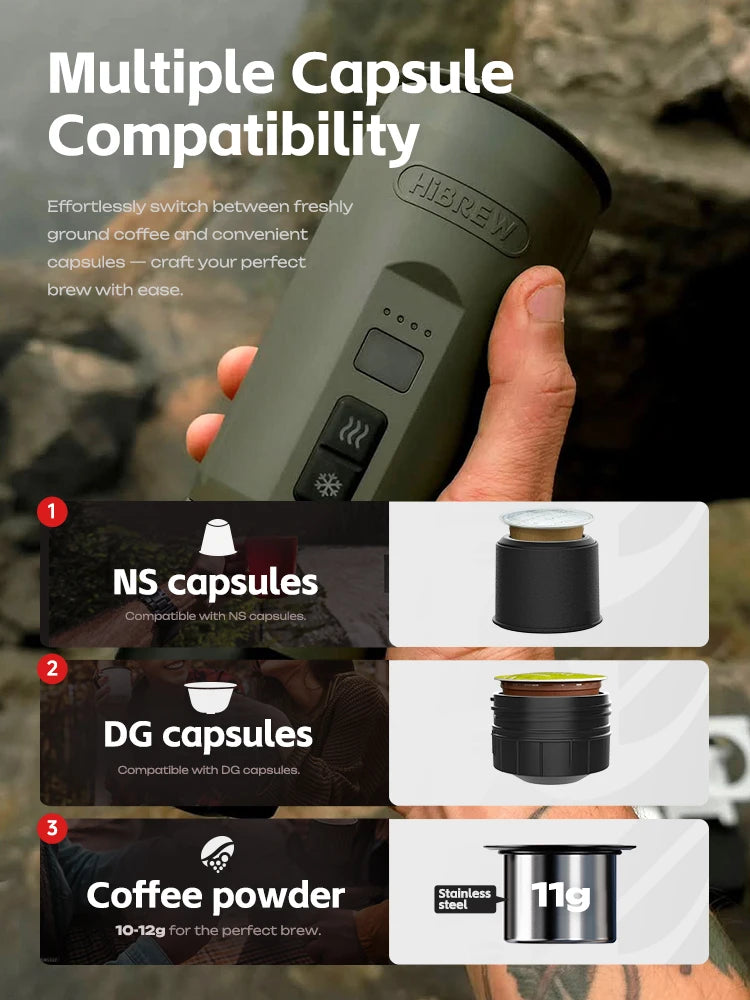 HiBrew portable olive green coffee maker for NS, DG capsules and ground coffee with stainless steel filter.