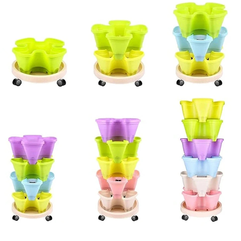 Assorted pastel stackable planter pots on a wheeled base