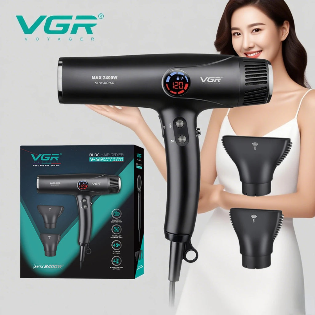 VGR V-469 professional black hair dryer with BLDC motor, digital LED display, and two attachments for salon styling.