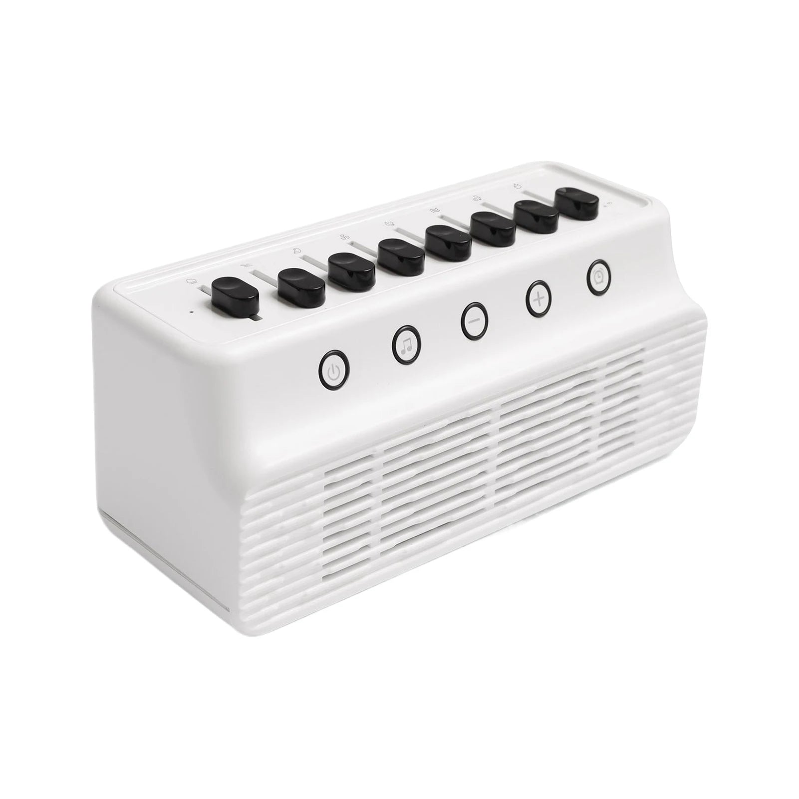 White sleep aid machine with black slider controls and round buttons for improved sleep quality.