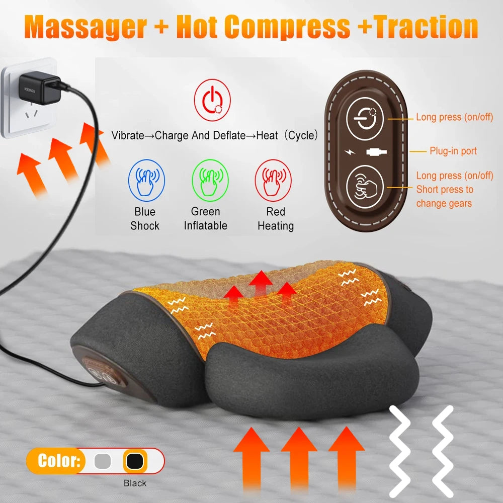 Electric Neck Massage Pillow with Heat Therapy and Vibration - Tidesmit Massage Cushion Hot-Traction-Black Tidesmit