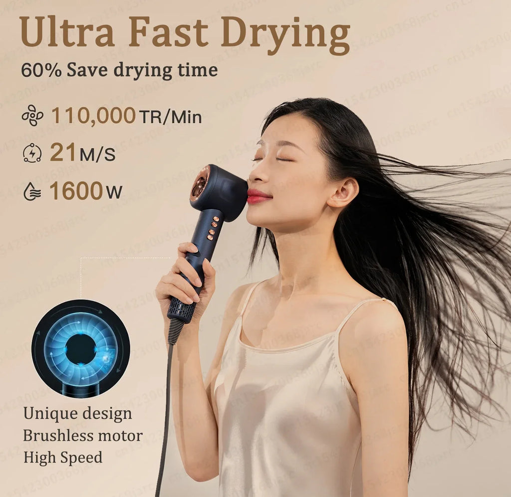Woman using a 1600W dark blue leafless negative ion hair dryer with a brushless motor for fast, professional styling.