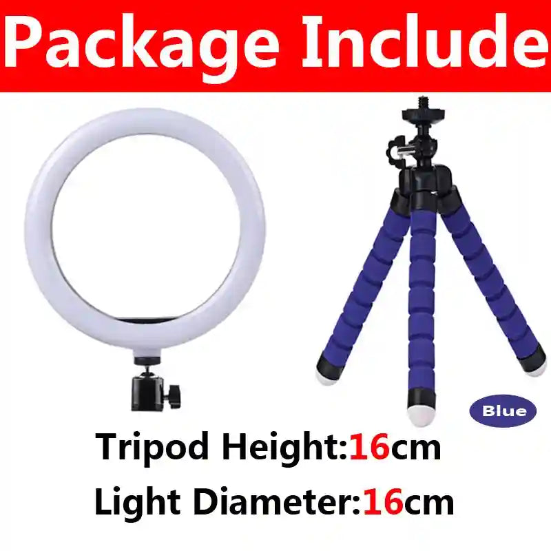 16cm white circular LED ring light with a 16cm flexible blue foam tripod for phone photography and video lighting.