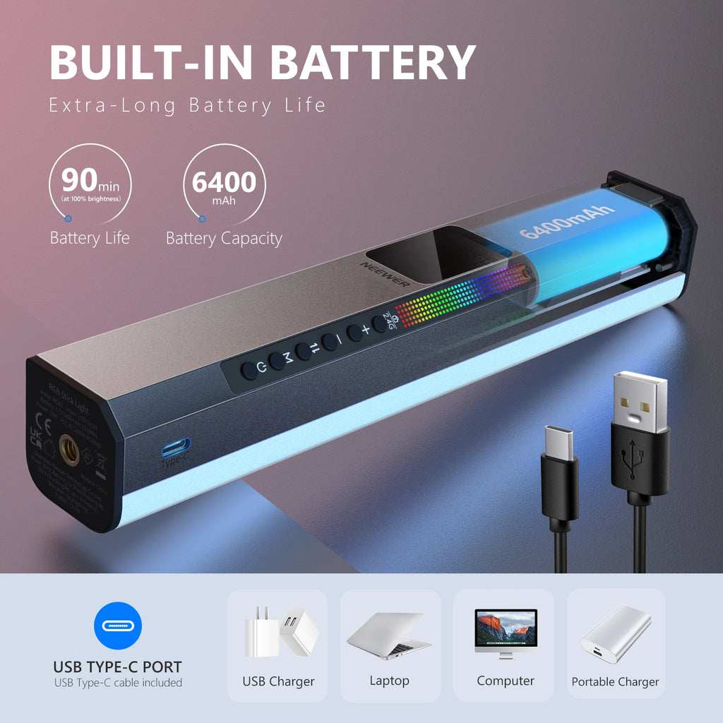 RGB stick light with grey metal casing, integrated 6400mAh battery, control buttons, and USB-C charging cable.
