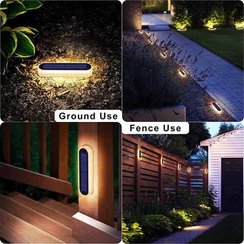 Solar deck step lights for ground and fence mounting, warm glow, 4-pack set.