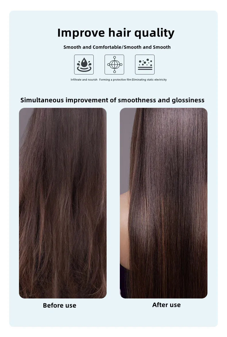 Before and after comparison of hair smoothness and glossiness using 2400W negative ion blue light hair dryer.