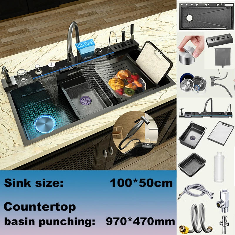 Stainless Steel Kitchen Sink Large Single Slot Multifunctional Waterfall Digital Display Faucet Wash Dish Bowl Undermount Basin