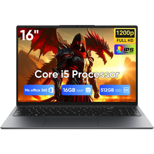Silver 16-inch laptop with a slim-bezel display, full-size backlit keyboard, large trackpad, and integrated webcam.
