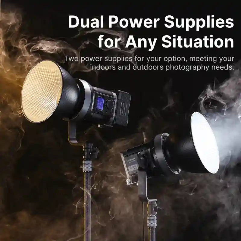Two black LED photography lights with honeycomb reflectors on stands, designed for indoor and outdoor studio lighting.