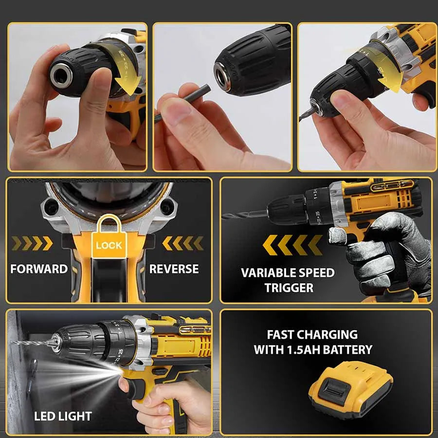 Cordless Impact Drill 1800RPM Electric Screwdriver & Hammer Drill 3-in-1 Mini Wireless Hand Drill, Rechargeable Power Tool for Household Installation and Repair