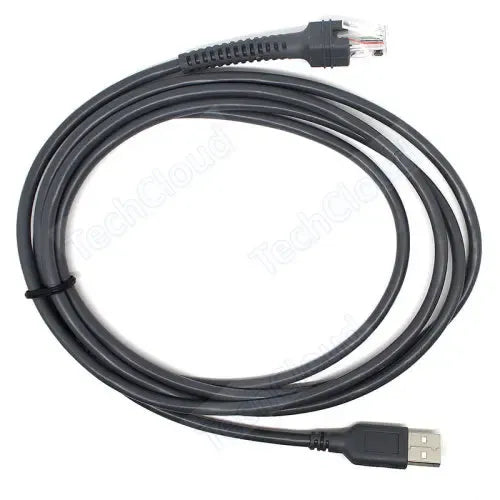 Grey barcode scanner USB cable with RJ45 plug and USB-A end