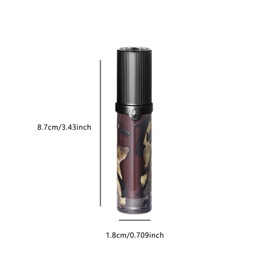 Girlcult Love Whisper velvet matte lip stain in dark shade with patterned tube and black cap. Dimensions provided.