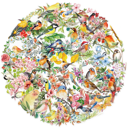 Set of watercolor bird transparent stickers, circular assortment of small designs