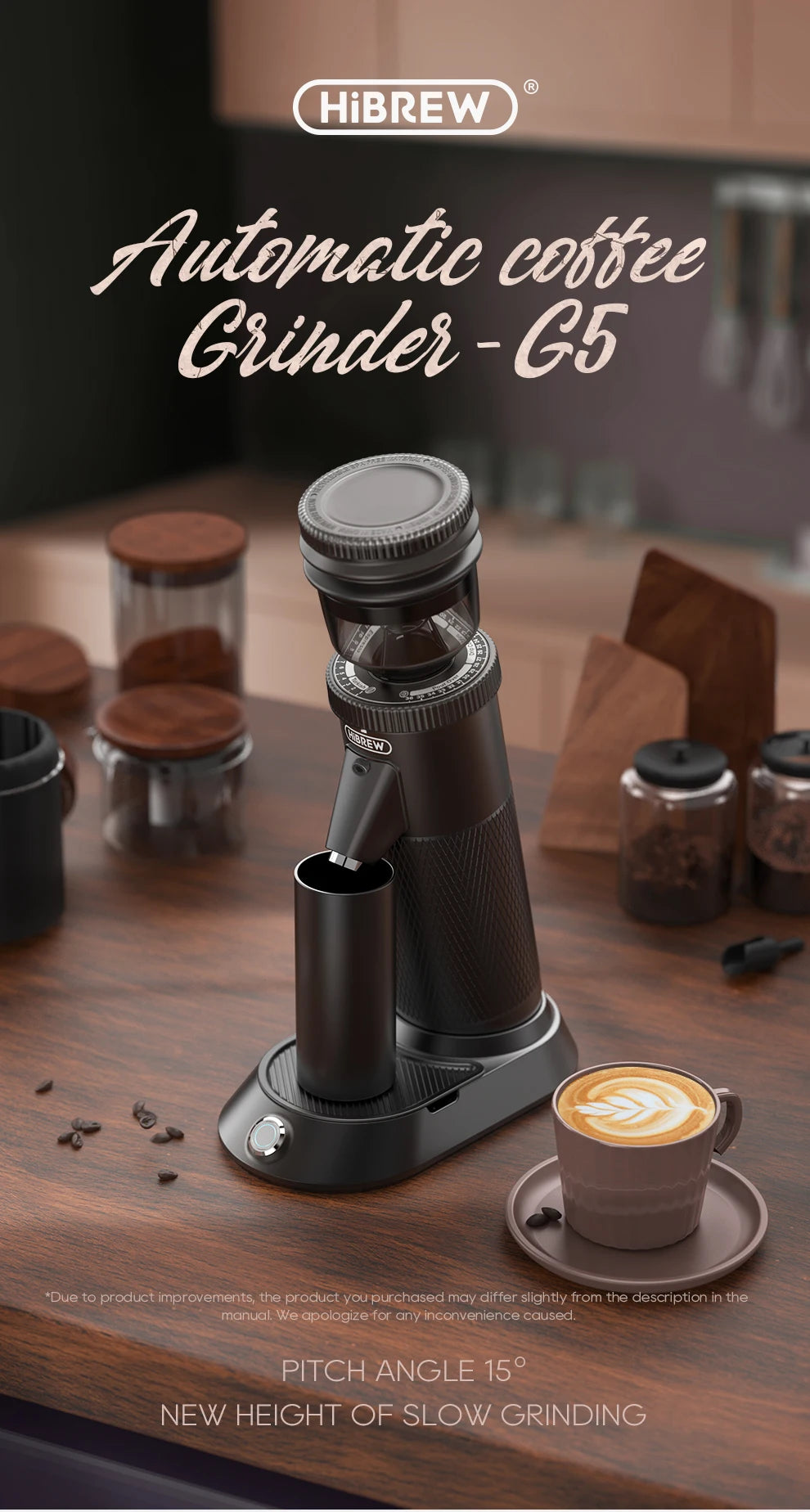 HiBREW G5 automatic coffee grinder in black, featuring a 15-degree pitch angle design for precise home coffee brewing.