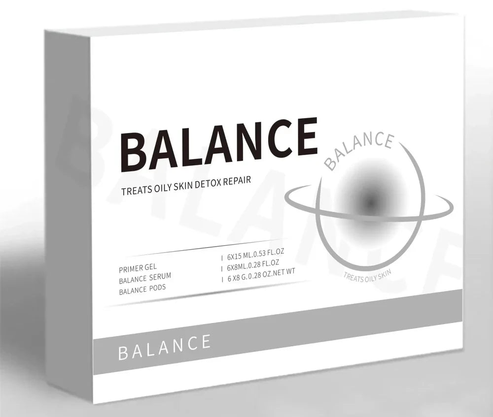 White rectangular box for Balance skincare treatment featuring black text, graphics, and product contents list.