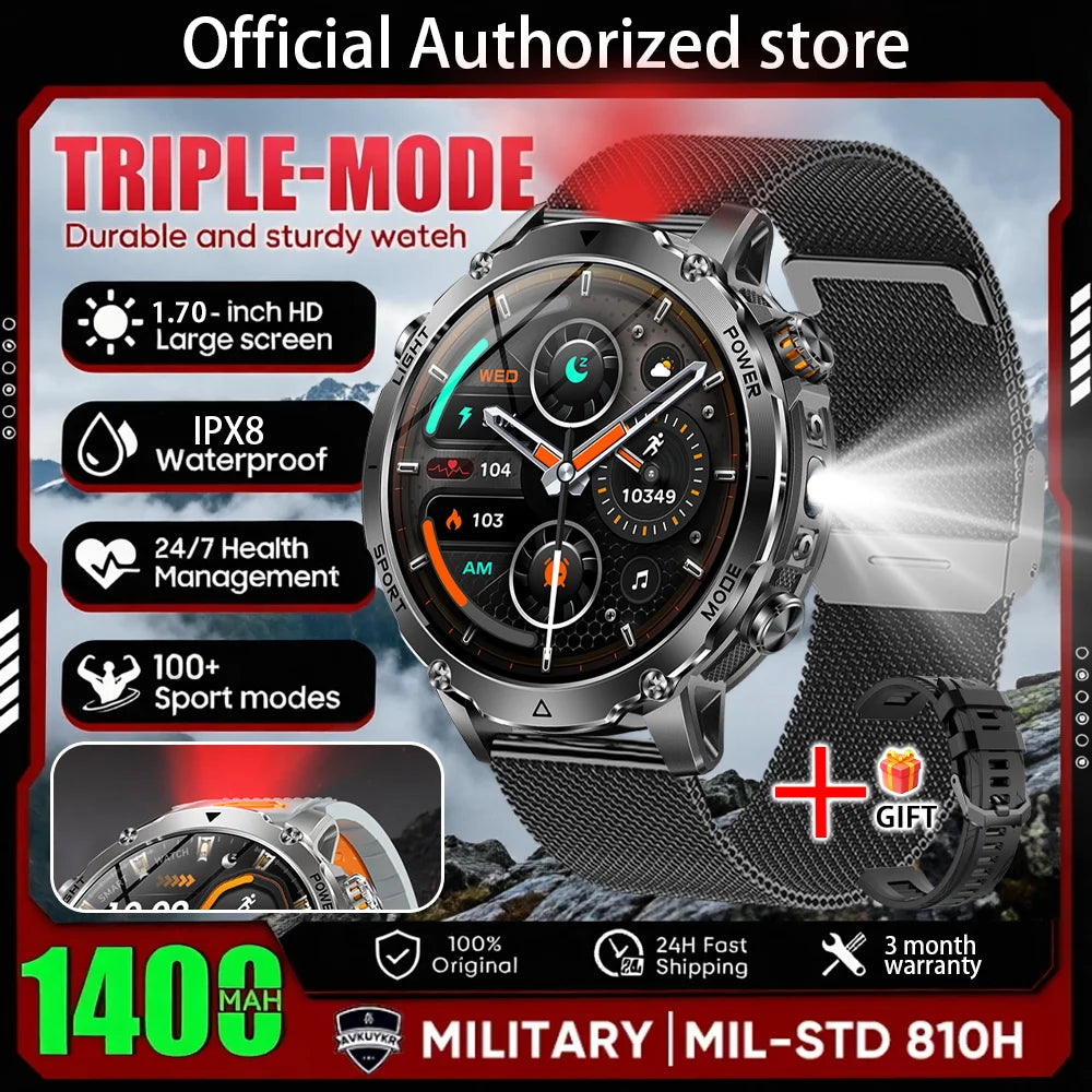 Silver metal mesh band smart watch with round case and black activity screen.