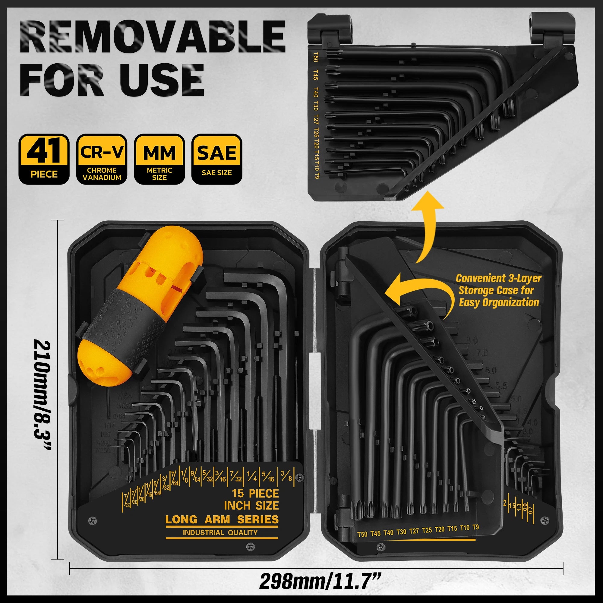ELEAD 41PC Hex Key Allen Wrench Set Standard SAE(0.028"-3/8") & Metric(0.7mm-10mm) & Torx(T9-T50) in Storage Case
