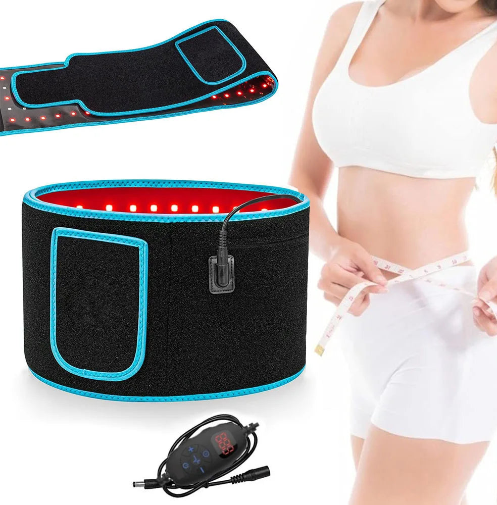 Red and infrared LED light therapy belt for waist slimming and back pain relief with digital controller.