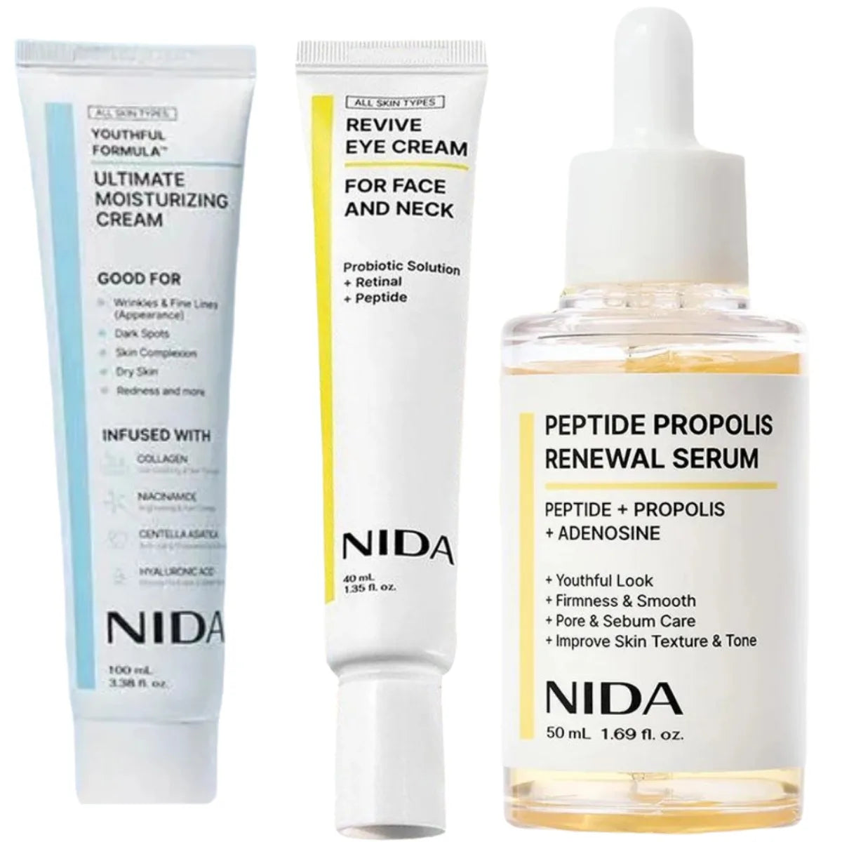 Skincare set with moisturizing cream, eye cream tube, and peptide serum bottle