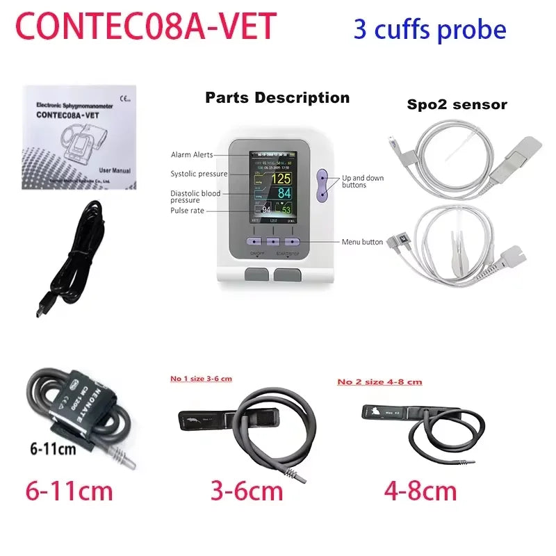 For use in cats and dogs; CONTEC08A veterinary blood pressure monitor, can be used with a blood oxygen probe if desired