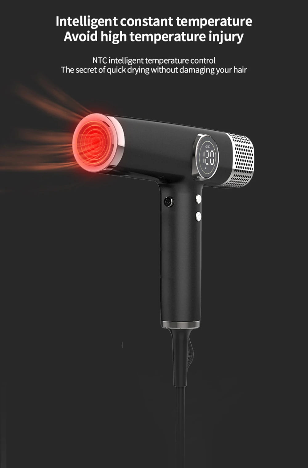 Black 1800W high-speed hair dryer with LED display, NTC temperature control, and negative ion tech for salon results.