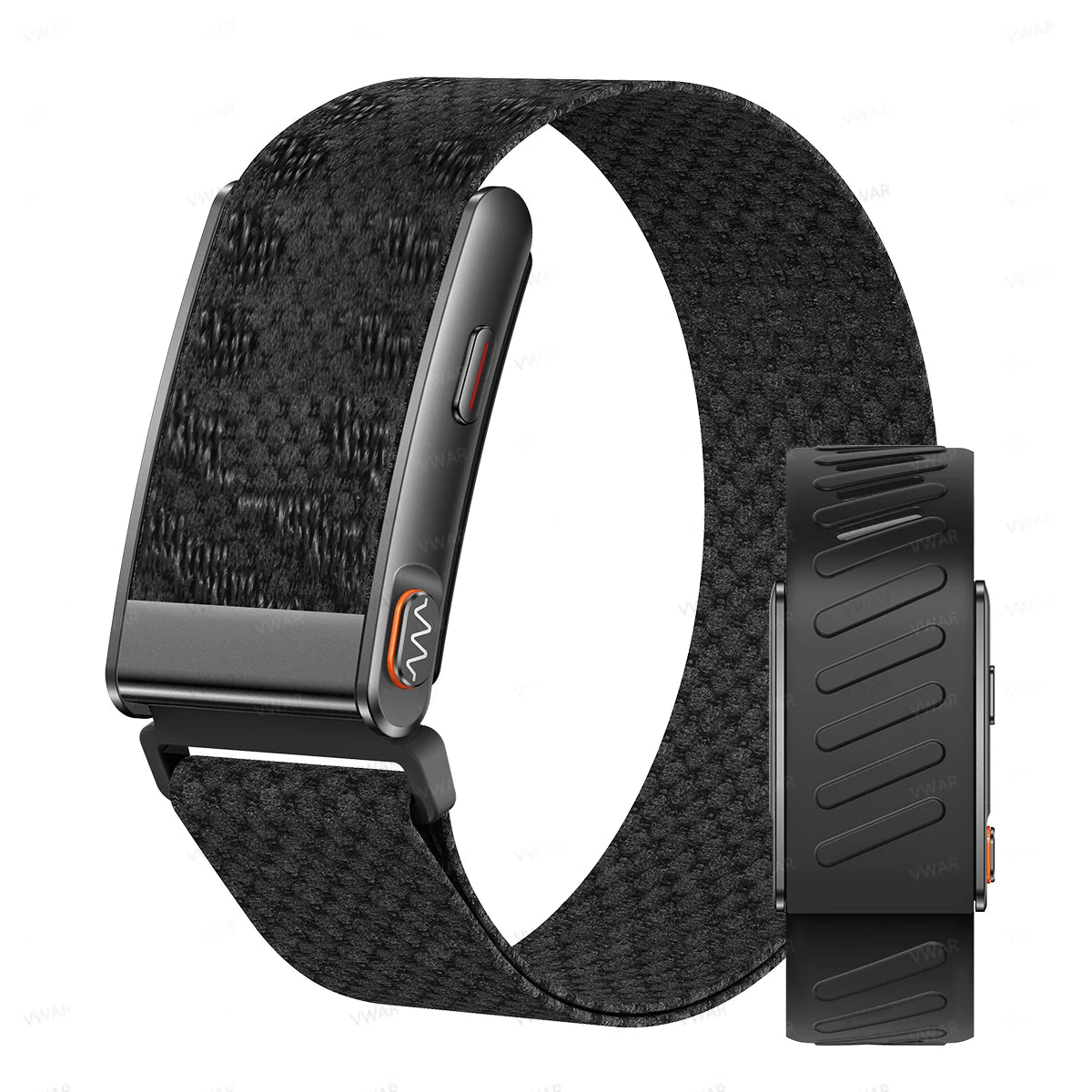 Fitness tracker smartwatch with black fabric band and black side module