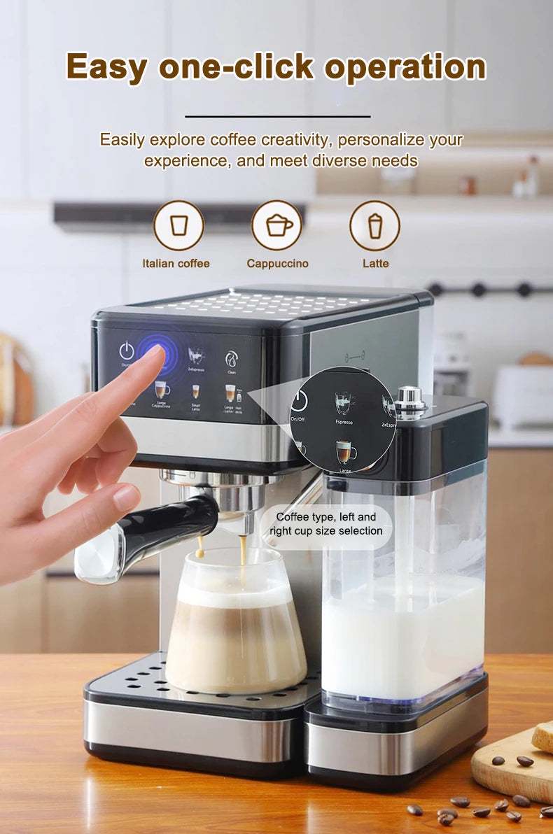 Black and silver espresso machine with milk frother and touch interface making coffee in a kitchen setting.