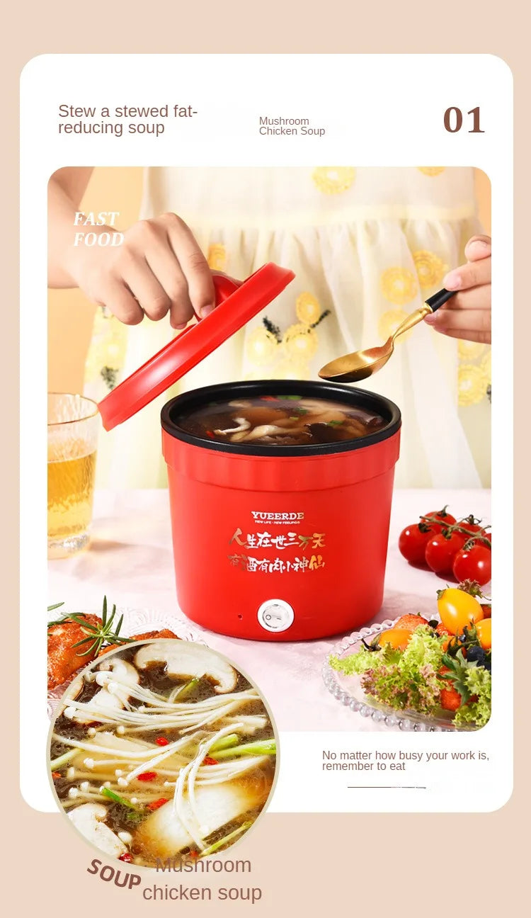 Red mini electric hot pot cooking pot with soup inside, non-stick multi cooker