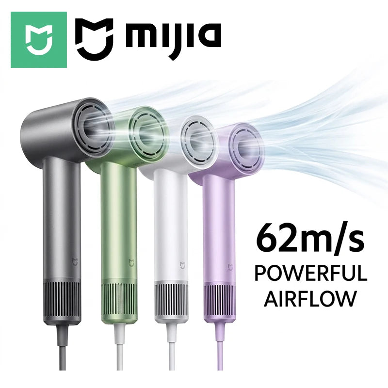 Mijia high-speed ionic hair dryers in grey, green, white, and purple with 62m/s fast-dry powerful airflow design.