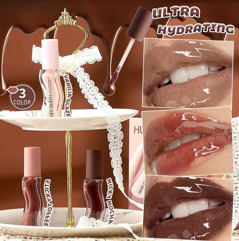 3-color moisturizing lip gloss set featuring hydrating, high-shine nude and brown tints for glossy Western-style lips.