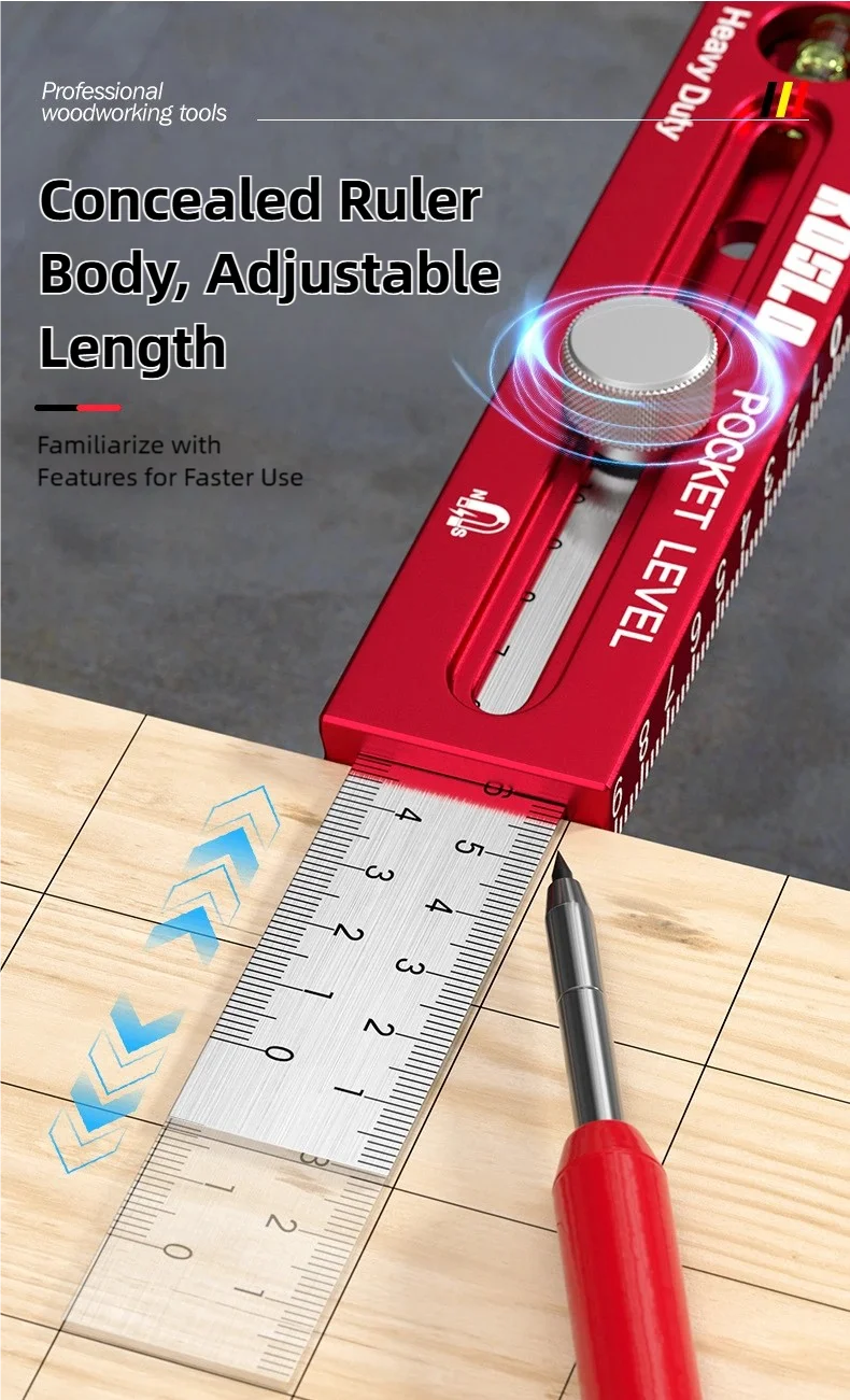 TINSOL Multi-functional Magnetic Marking Ruler Aluminum Alloy Ruler with Level Marking, Metric and Imperial, for Woodworking