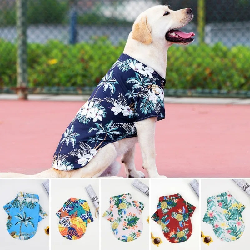 Cute breathable Hawaii-style pet T-shirt for dogs, available in sizes XS-5XL, perfect for comfortable summer wear.
