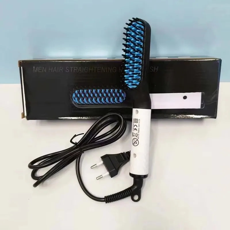 Portable electric beard straightener brush with blue ceramic bristles, white handle, and cord, in display box.