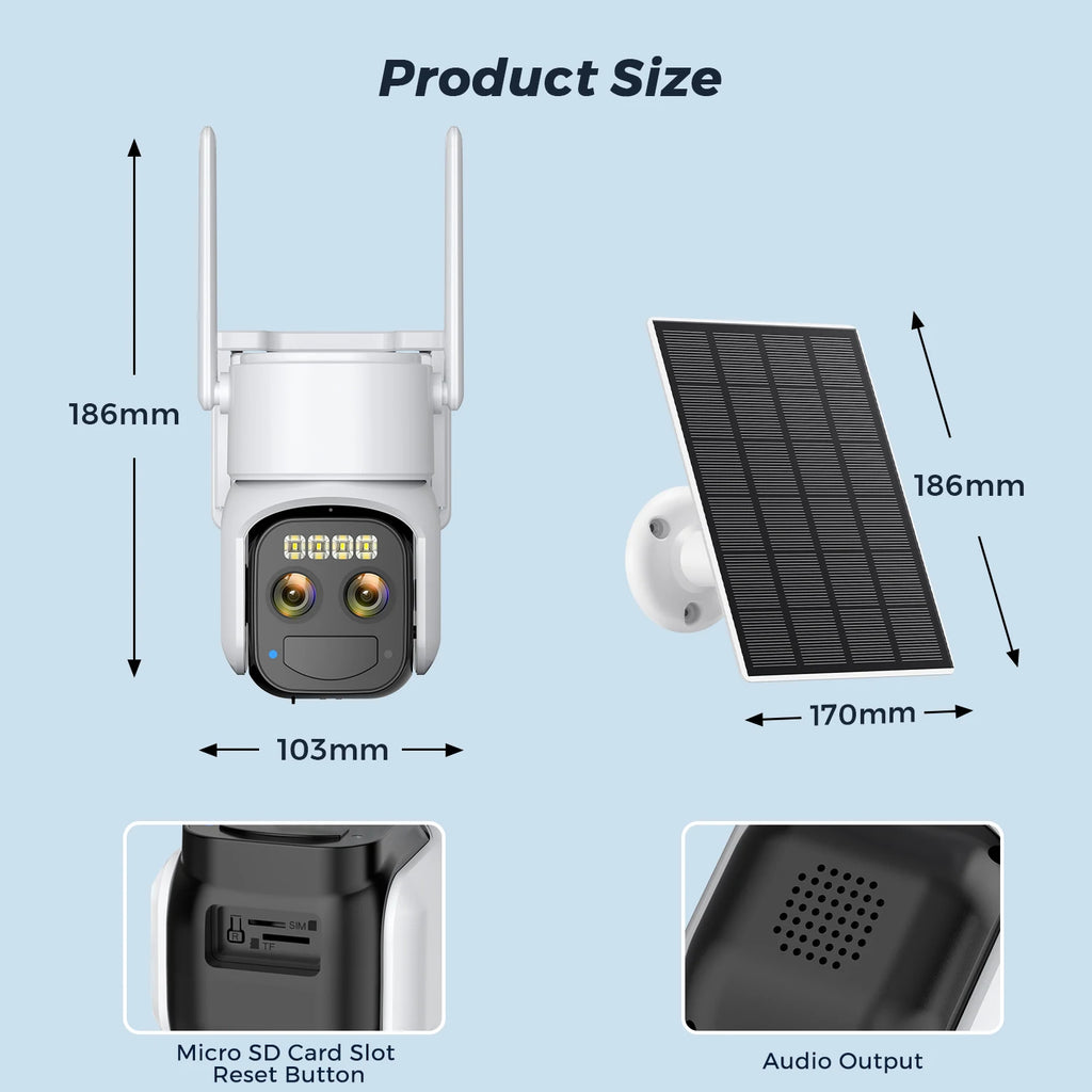 10MP Outdoors Solar Camera 5K PTZ IP 5G Wifi Camera Built in 7500Mah Battery Human Ai Auto Detect Tracking Surveillance Camera