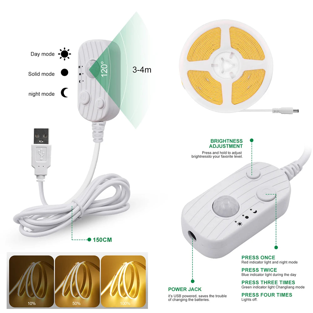 5V Motion Sensor LED COB Light Strip Human Induction USB/Battery Powered Flexible Lamp Under Cabinet Stairs Wardrobe Nightlights